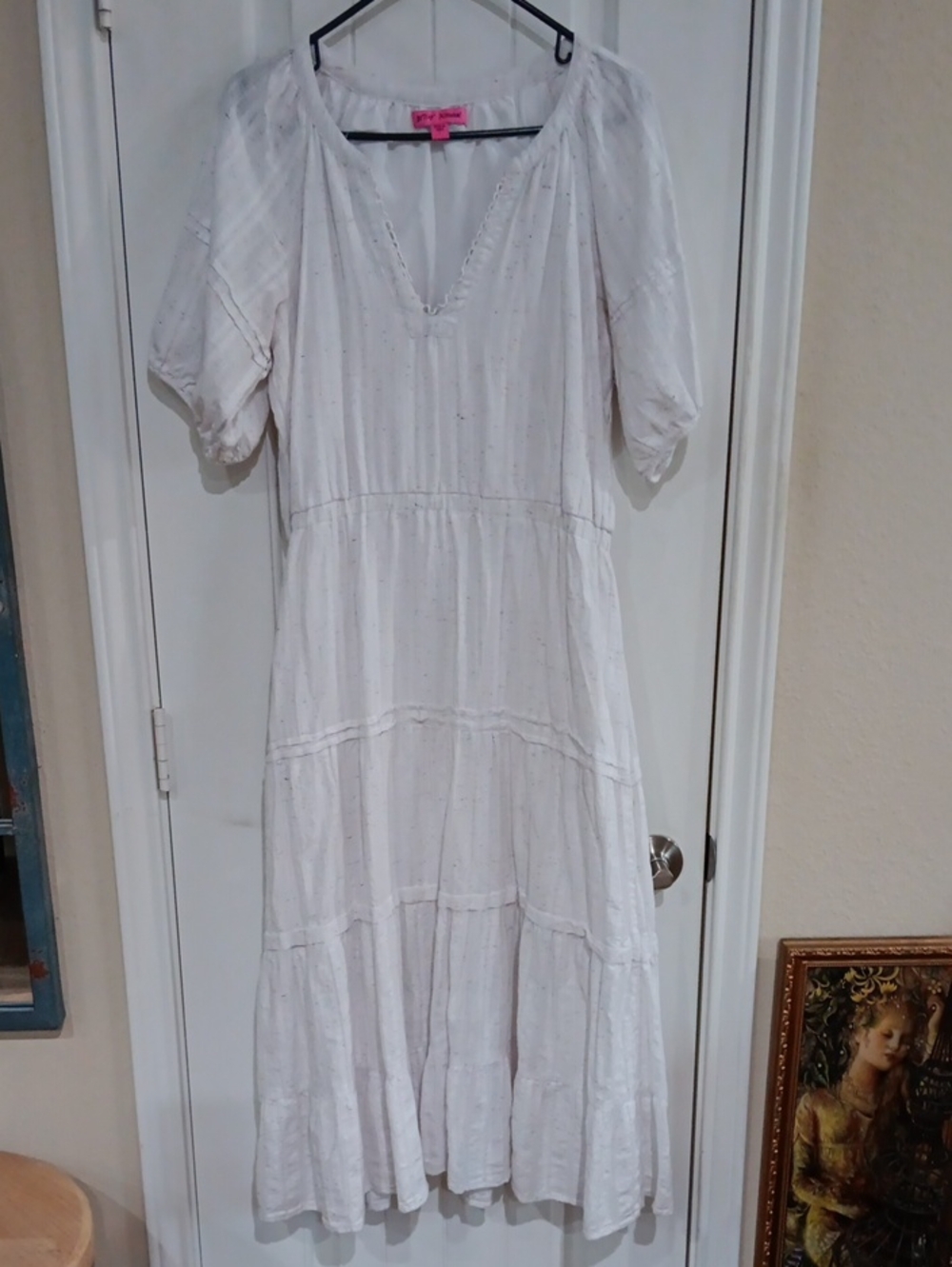 Betsey Johnson Spectator Confetti Tiered Midi White Rainbow Boho Cottagecore L